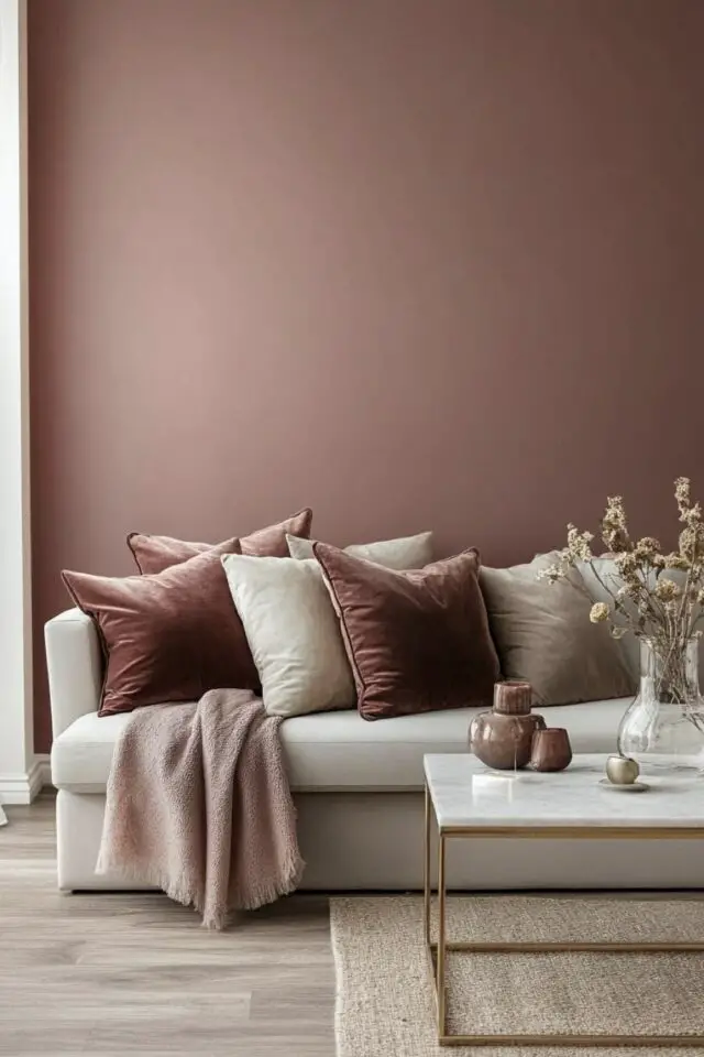 déco moderne vieux rose salon peinture murale unie canapé écru coussins en velours plaid table basse marbre et laiton chic déco moderne vieux rose salon peinture murale unie canapé écru coussins en velours plaid table basse marbre et laiton chic