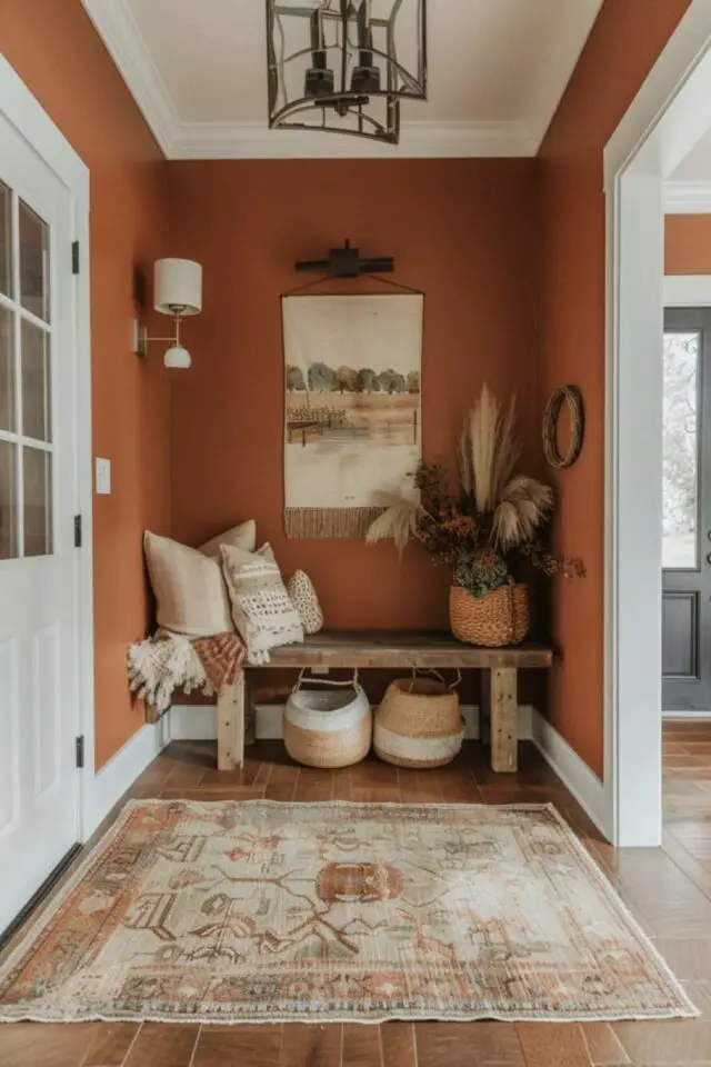 décoration couleur orange brûlée exemple petite entrée boiseries peinte en blanc tapis beige banc en bois coussin plante verte 
