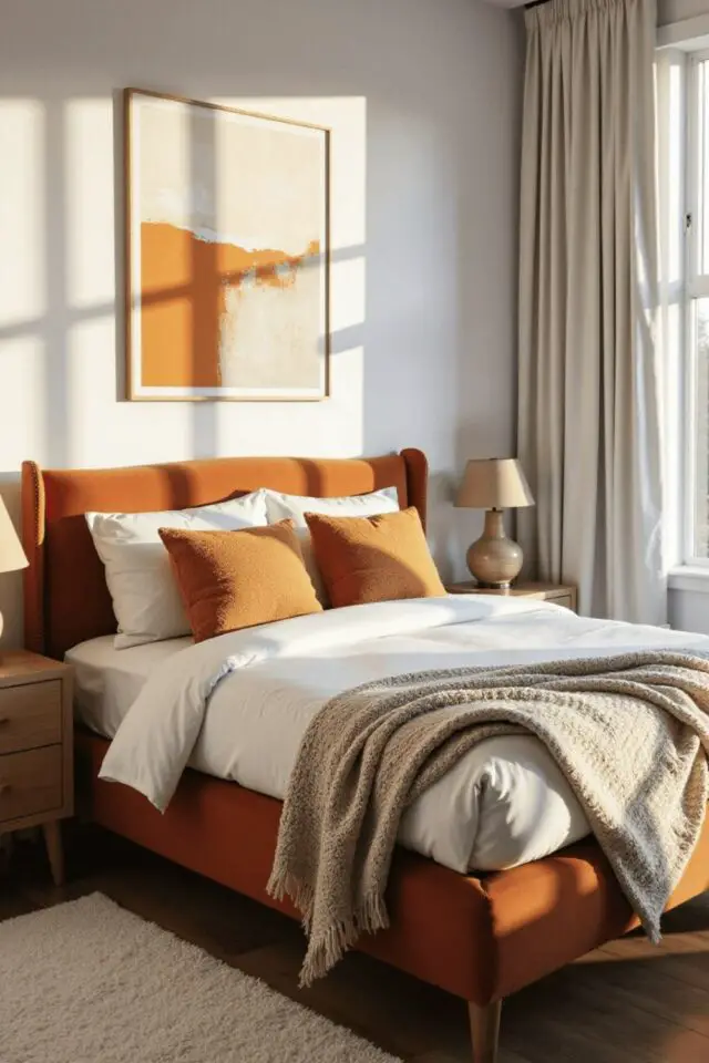 décoration couleur orange brûlée exemple chambre adulte moderne couleur accent chaude mur blanc plaid beige tableau abstrait 