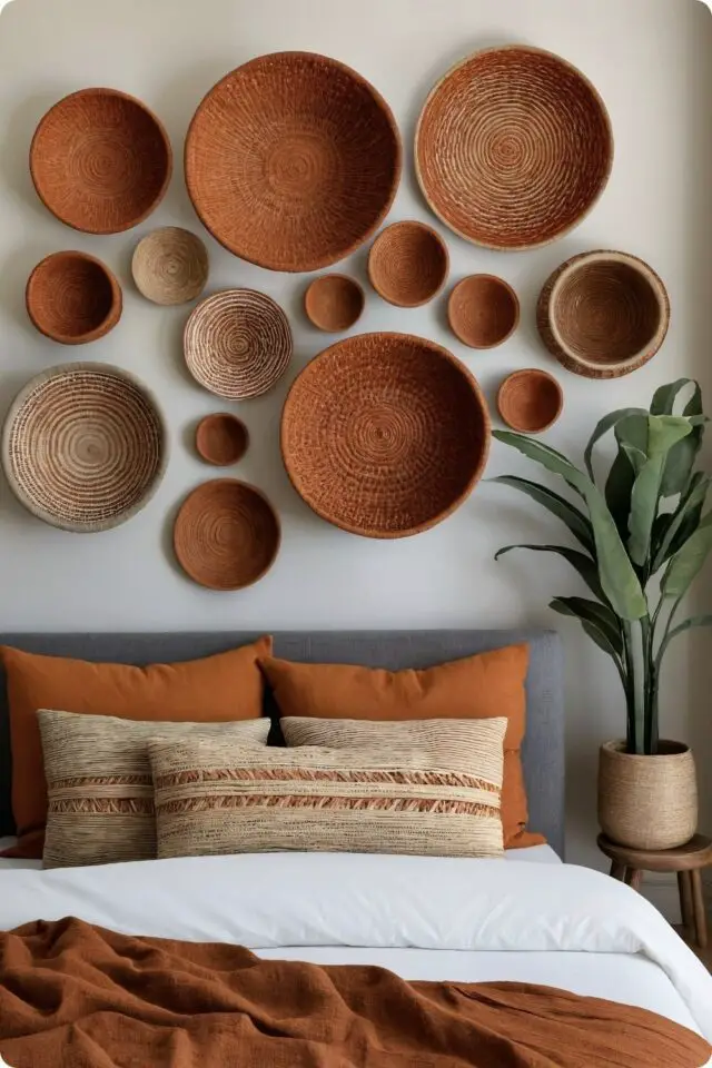 décoration couleur orange brûlée exemple chambre à coucher adulte coussin coloré parure de drap blanc paniers plats tressé décor mural esprit bohème petite plante verte 