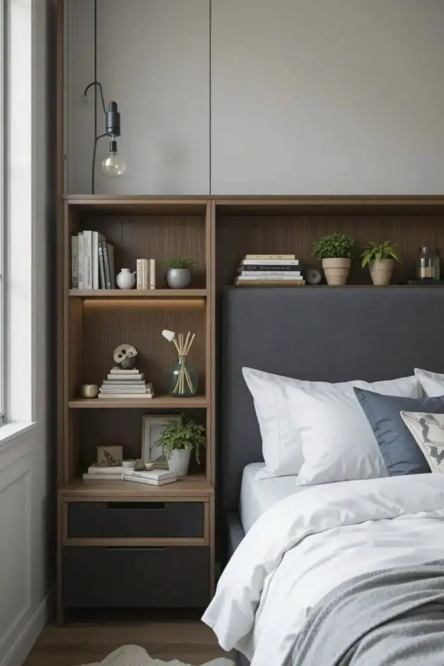 exemple pont de lit chambre adulte meuble chic et élégant épuré bois sombre et gris tête de lit anthracite 