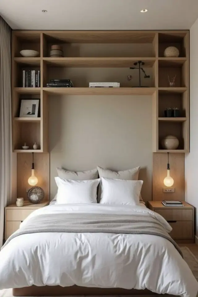 exemple pont de lit chambre adulte petit espace étagère ouverte maximiser rangement meuble en bois avec luminaire intégré 