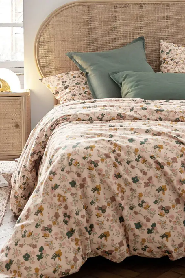 Housse de couette coton lavé imprimé floral fond rose