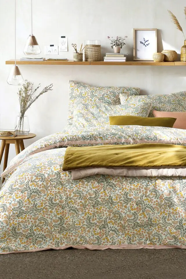 Housse de couette coton lavé à fleurs 