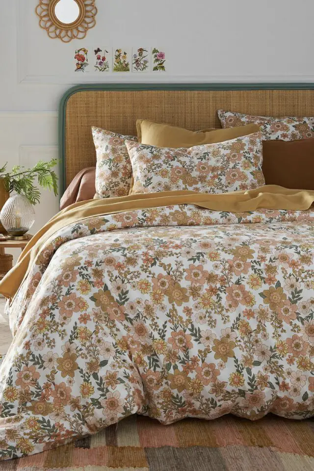 Housse de couette coton/lin lavé imprimé fleur 