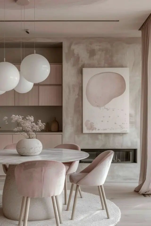intérieur moderne couleur vieux rose salle à manger mur béton ciré texturé enduit gris table blanche ronde fauteuil velours intérieur moderne couleur vieux rose salle à manger mur béton ciré texturé enduit gris table blanche ronde fauteuil velours