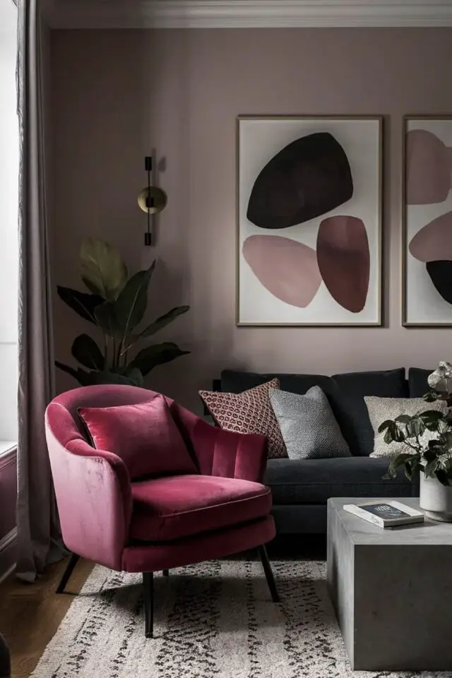 intérieur moderne couleur vieux rose salon séjour élégant canapé noir fauteuil fuchsia ne velours lumineux tableau contemporain forme colorée organique intérieur moderne couleur vieux rose salon séjour élégant canapé noir fauteuil fuchsia ne velours lumineux tableau contemporain forme colorée organique