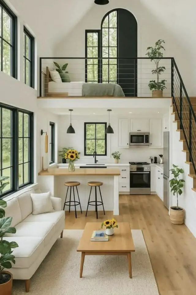 jolie décoration de salon photo ouvert sur la cuisine petit logement mur blanc tapis beige table basse rectangulaire en bois plante verte simple 