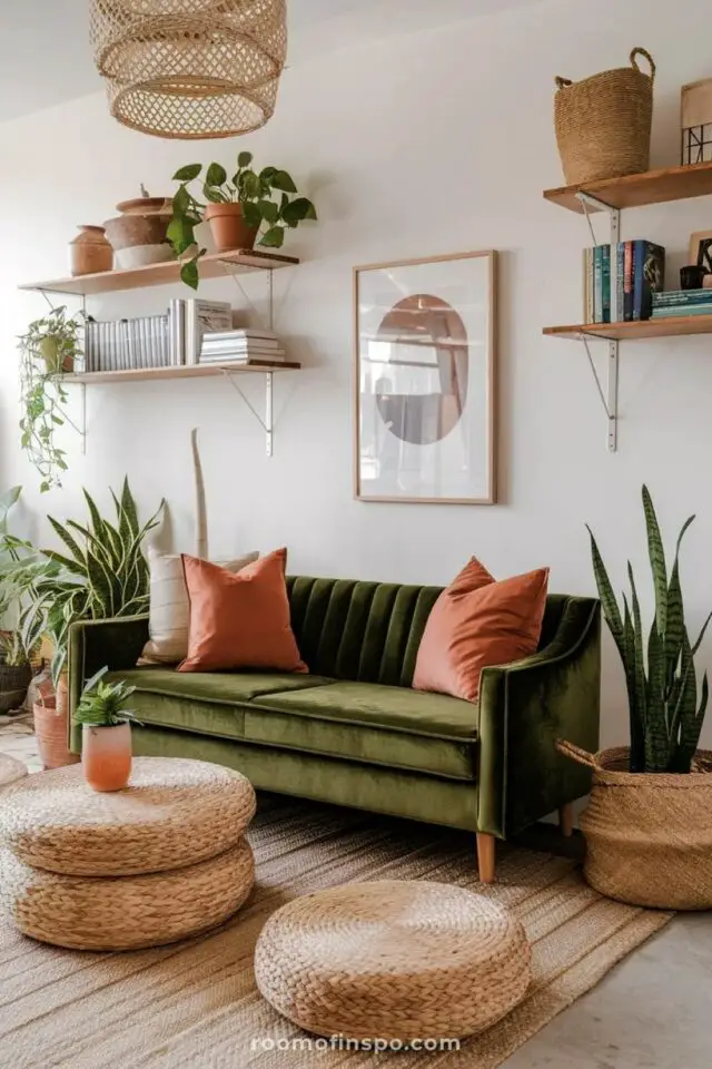 jolie décoration de salon appartement mur blanc étagères en bois dessus côté du canapé vert en velours tapis en jonc de mer pouf fibres tressées plantes vertes ambiance naturelle 