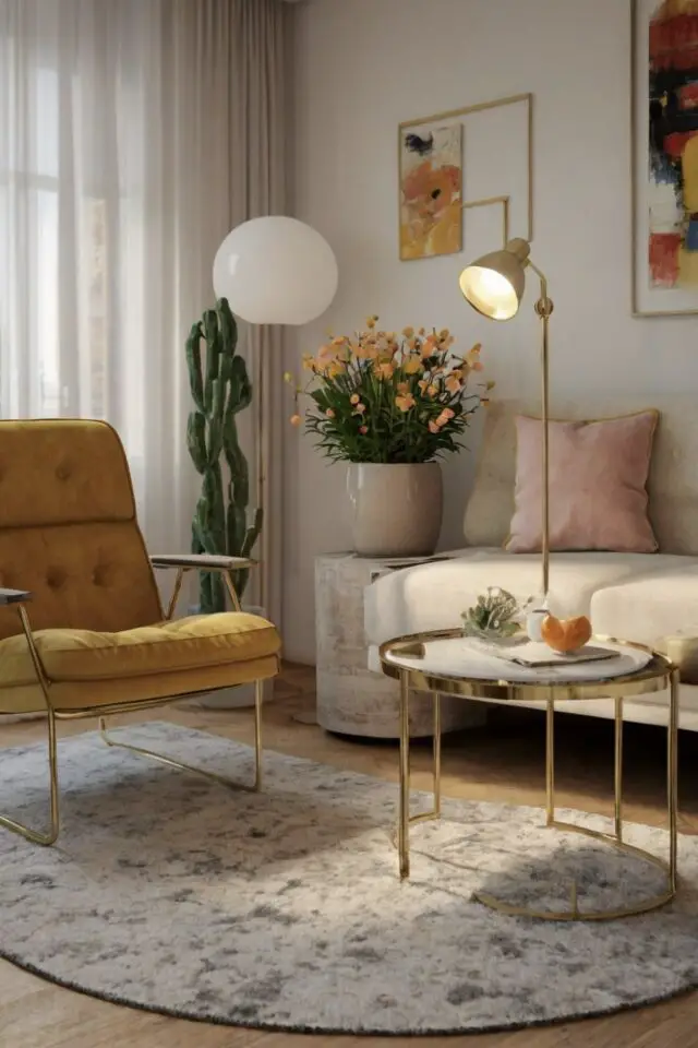 jolie décoration de salon chic et moderne tapis effet velours canapé droit beige liseuse couleur laiton fauteuil jaune petite table basse dorée 