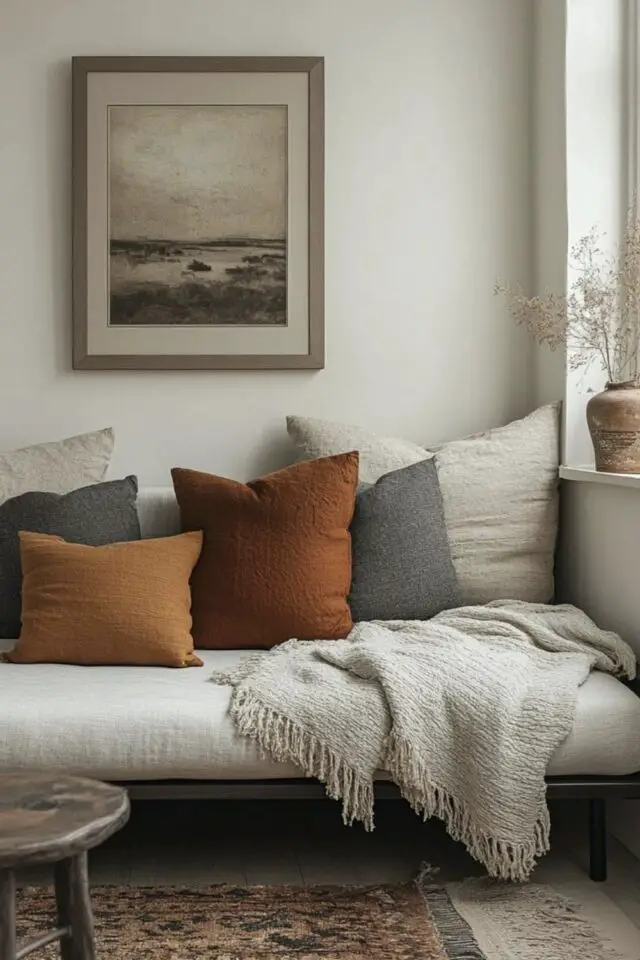 jolie décoration de salon photo chic et épuré simple couleur neutre banquette cosy coussin couleur automne ambiance apaisante tapis tableau mural