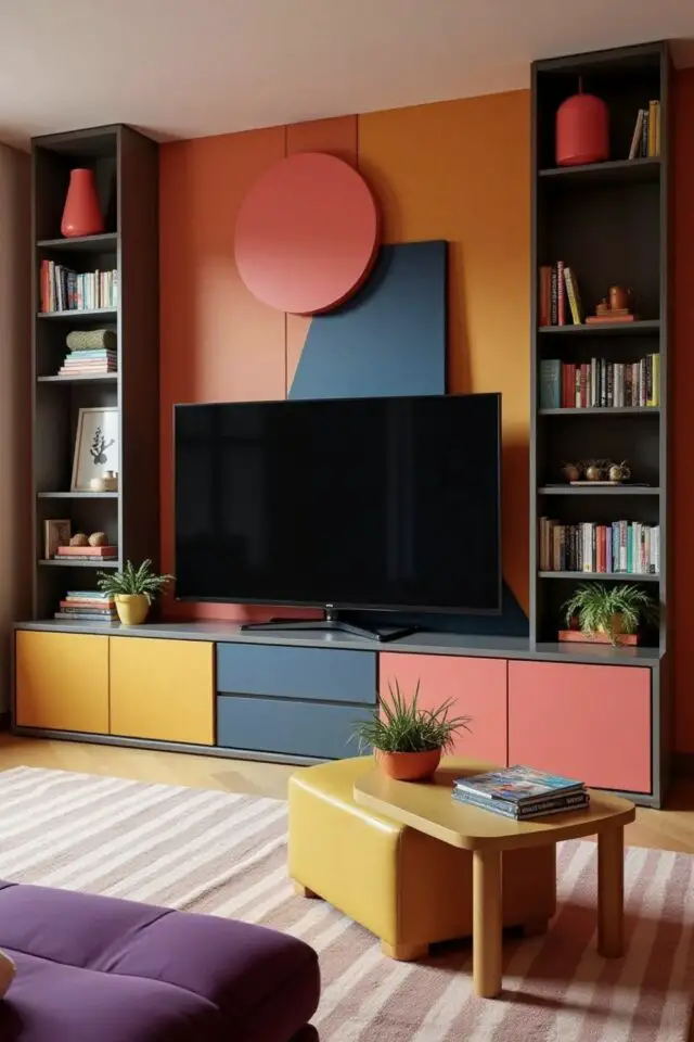 jolie décoration de salon meuble sur mesure bibliothèque écran télévision couleur orange jaune corail bleu marine idée originale 