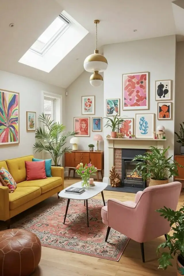 jolie décoration de salon photo pièce mansardée appartement petit espace avec cheminée galerie de cadres lurale canapé jaune fauteuil rose suspension design table basse vintage tapis pouf en cuir 