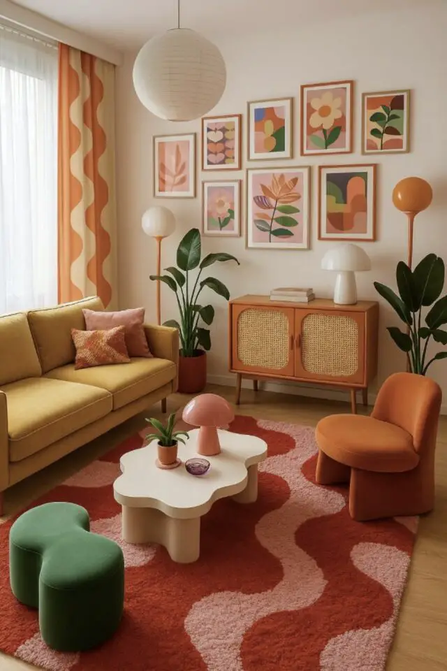 jolie décoration de salon moderne vintage couleur écru orange rose rouge canapé jaune tapis vague table basse forme organique 