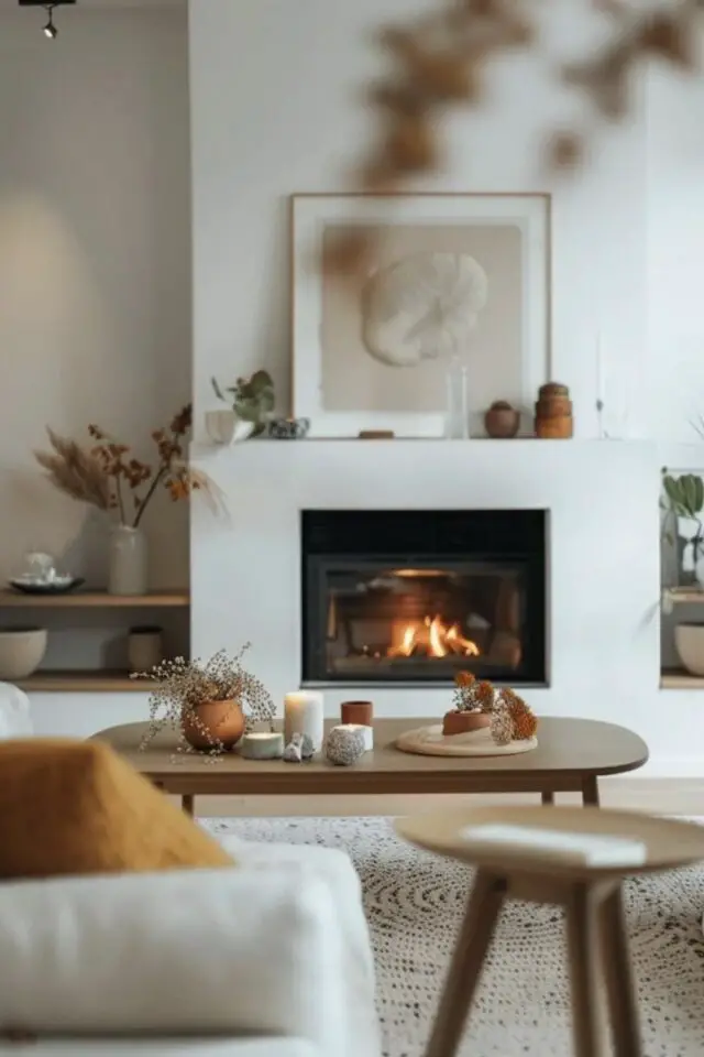 jolie décoration de salon calme et reposant chaleureux moderne cheminée table basse en bois tapis neutre canapé blanc 