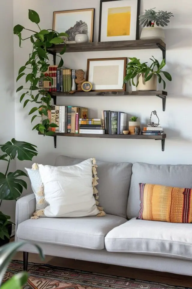 jolie décoration de salon photo canapé gris 3 places étagères murales avec livres plantes et cadres tapis coussins simple et chaleureux 