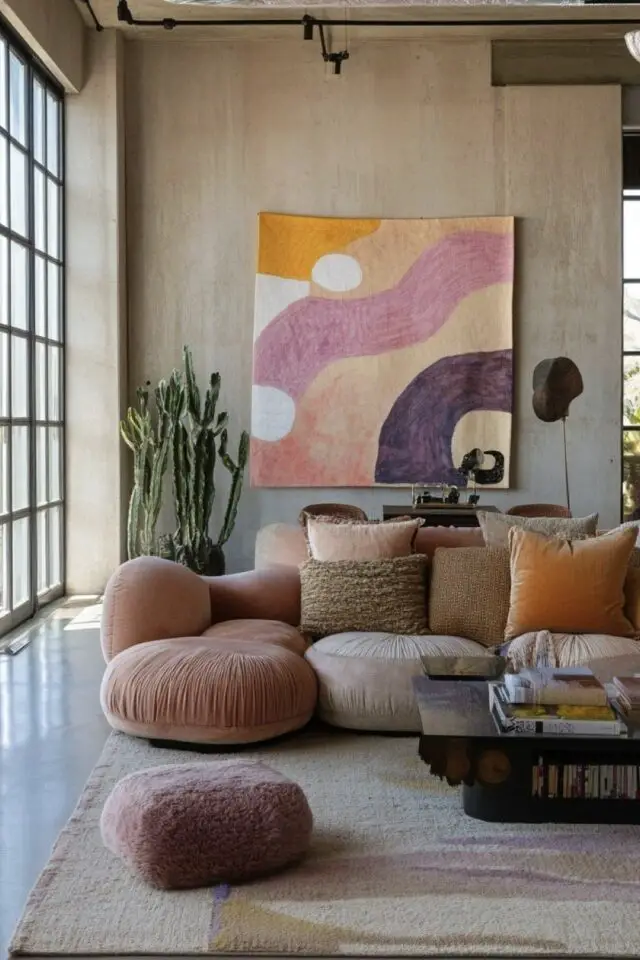 jolie décoration de salon photo canapé modulable rose et beige grand tapis sol en béton cité tenture tapisserie moderne déco mur grande baie vitrée ambiance chic et design 