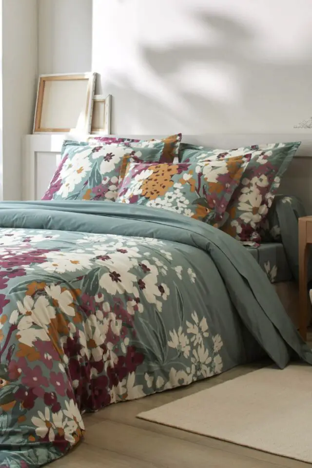 Linge de lit Capucine en coton imprimé vert grisé