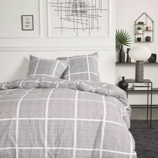 Parure de lit imprimé A carreaux coton 240x220cm grise et blanc moderne 