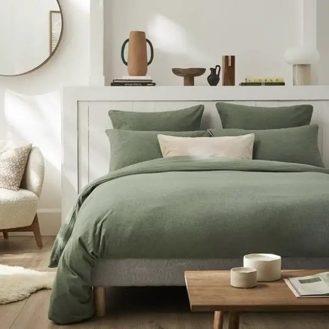 Parure de lit unie en flanelle de coton vert lichen 140x200