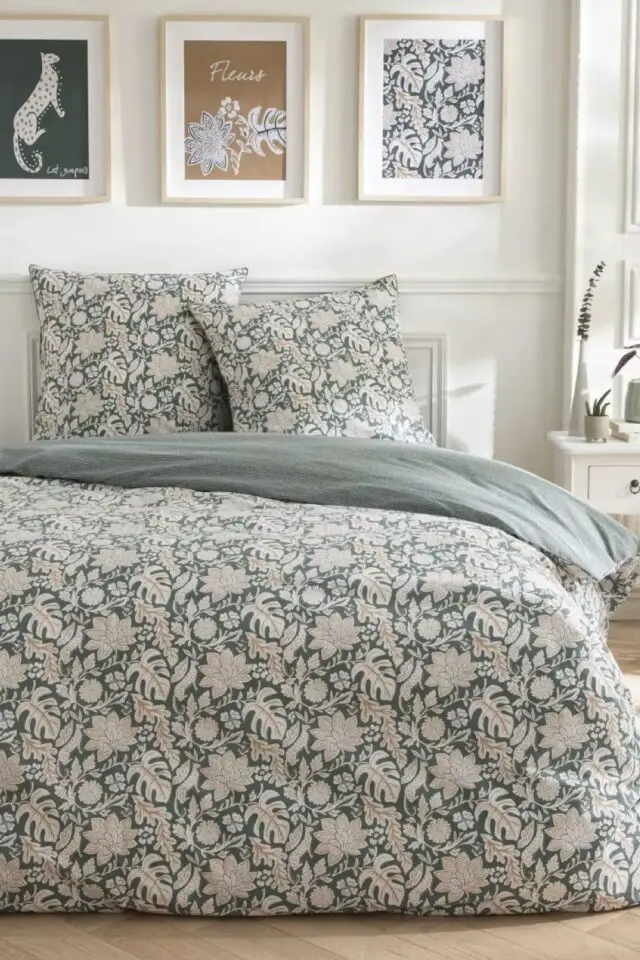 Nour - Parure de lit 2 personnes coton imprimé vert 240x220cm