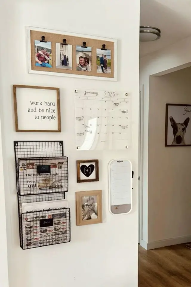 calendrier familial centre de contrôle décoration murale pan de mur cuisine ouverte panneau en plexiglas photo de famille panier rangement mural miroir cadre avec citation positive 