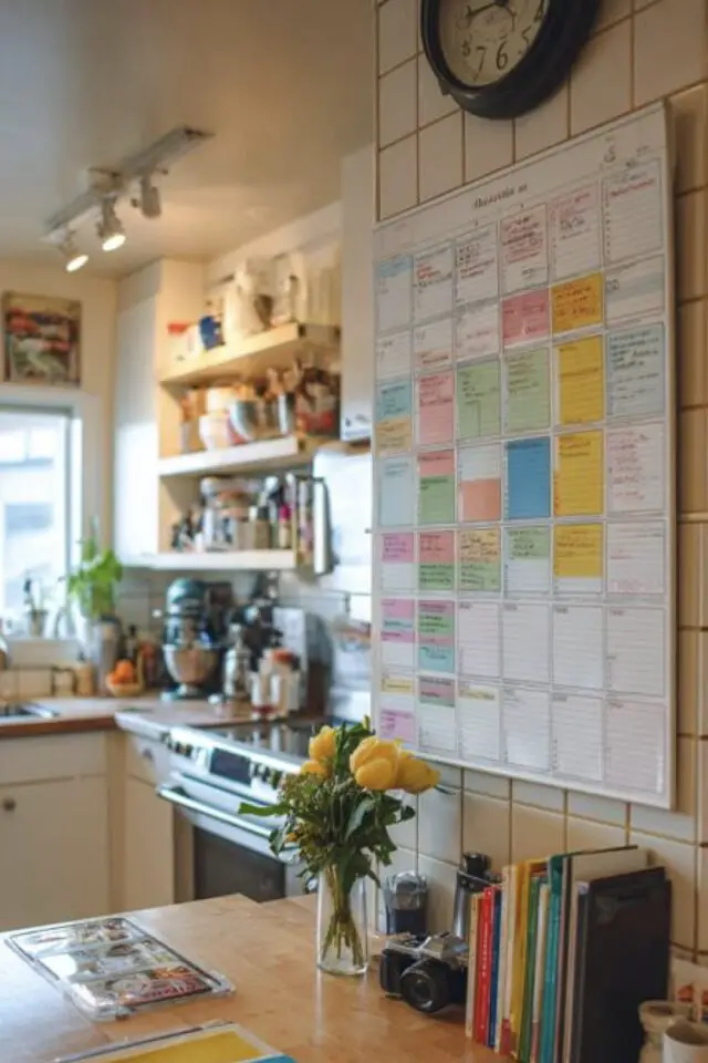 calendrier familial centre de contrôle décoration murale tableau blanc post-it dessus table de cuisine facile à faire 