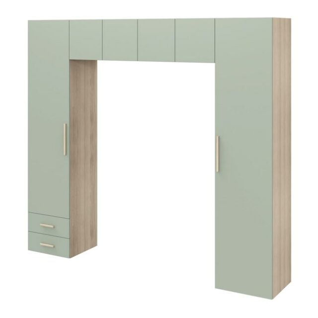 Pont de lit vert agave et effet chêne avec 6 portes et 2 tiroirs 