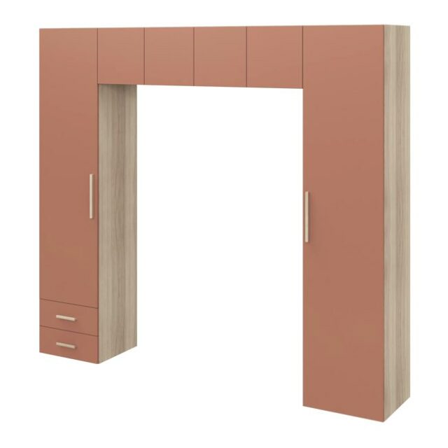 Pont de lit bleu terracotta et effet chêne avec 6 portes et 2 tiroirs