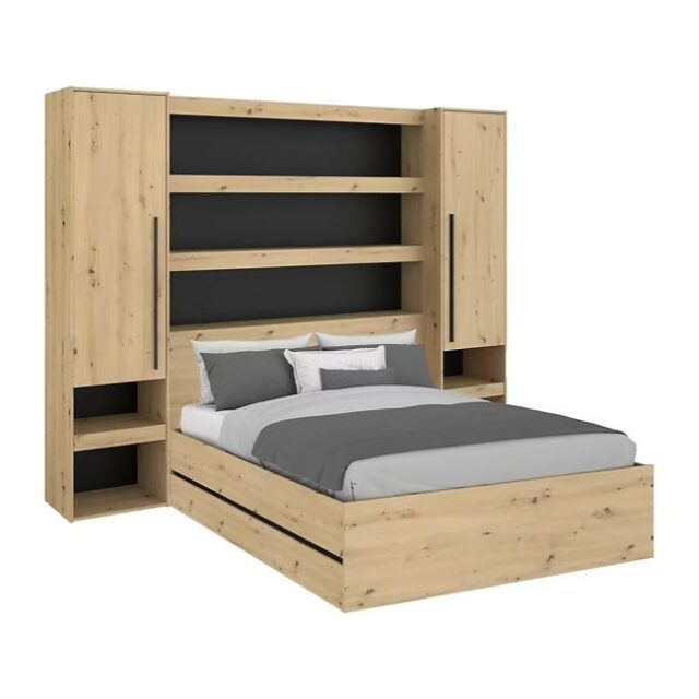 Lit coffre 140 x 190 cm LUDARO avec pont de lit bois naturel et noir