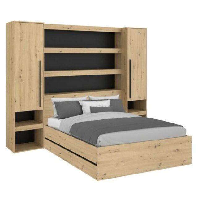 Lit coffre 140 x 190 cm LUDARO avec pont de lit noir et bois