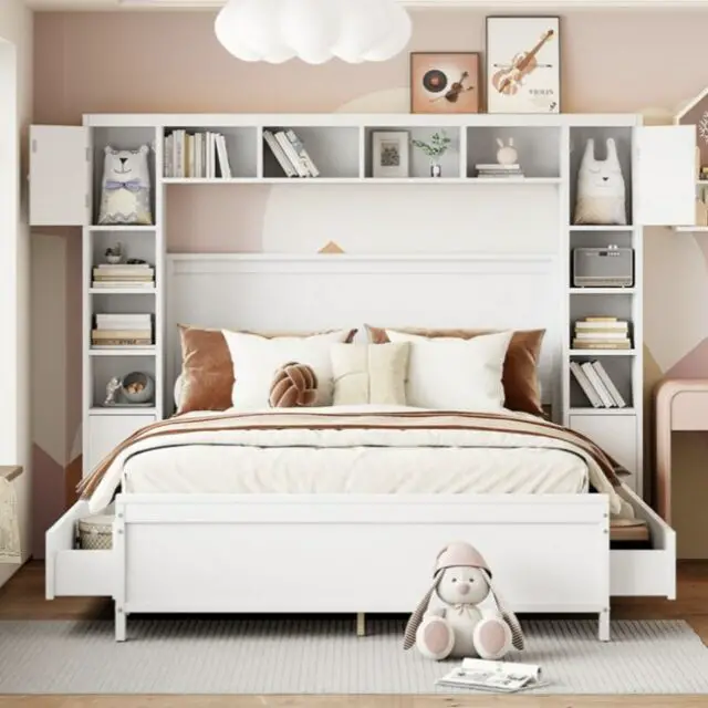 Lit 140x200cm, Cadre de lit, avec 4 tiroirs et grand placard de rangement