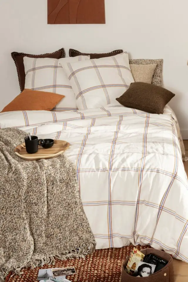Parure de lit en coton tissé motifs à carreaux multicolores 260x240