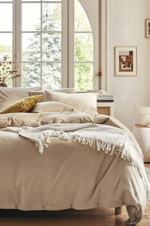 Frisson - Parure unie en flanelle de coton beige sésame 240x220