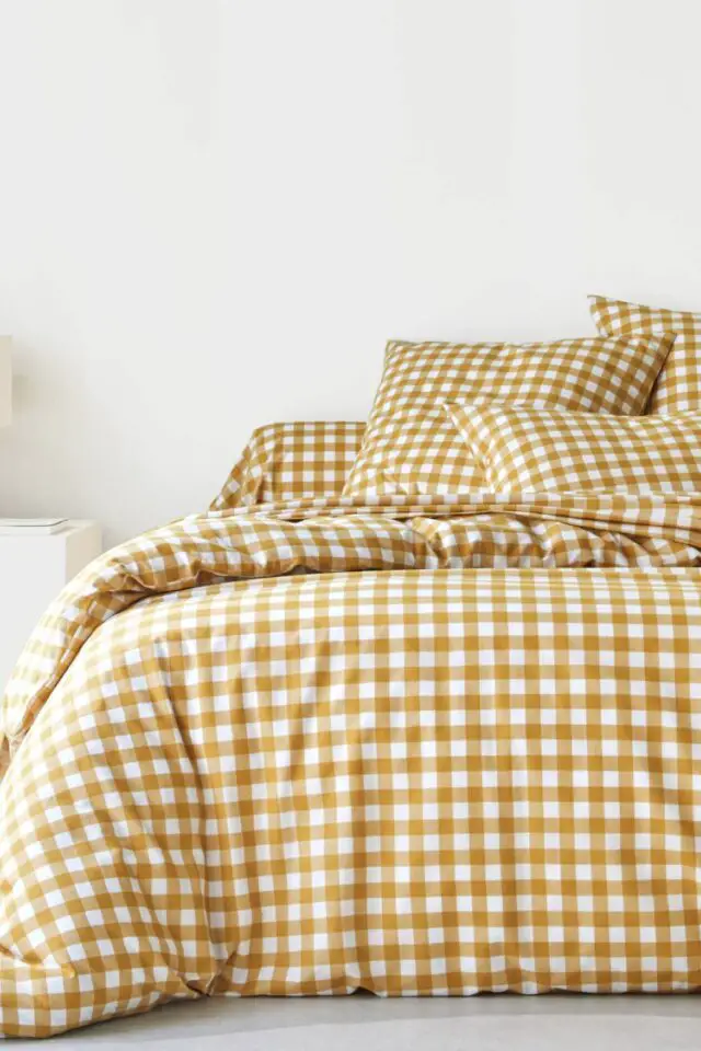 linge de lit imprimé carreaux couleur miel jaune automne 