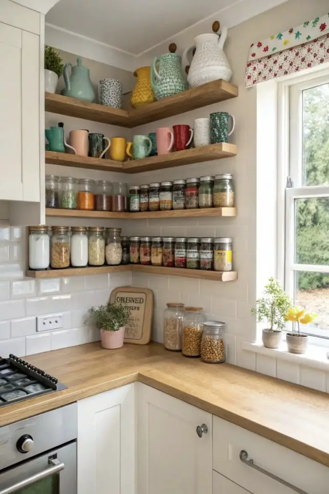 rangement mug placard cuisine coin angle au dessus du plan de travail optimiser l'espace de rangement entre meuble et fenêtre 