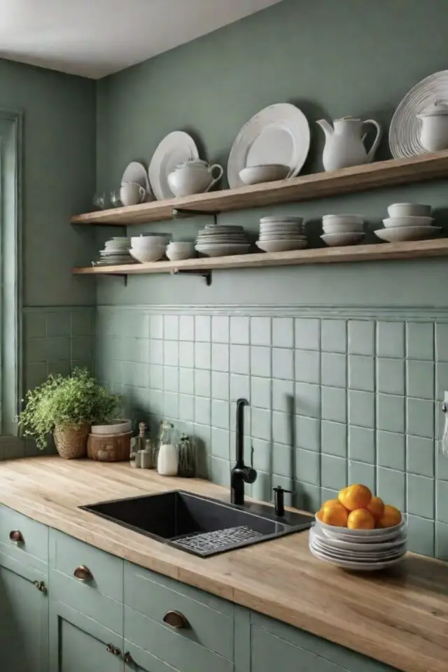 rénovation plan de travail cuisine naturelle meuble vert et bois élégant crédence carrelage peinte étagère relooking 