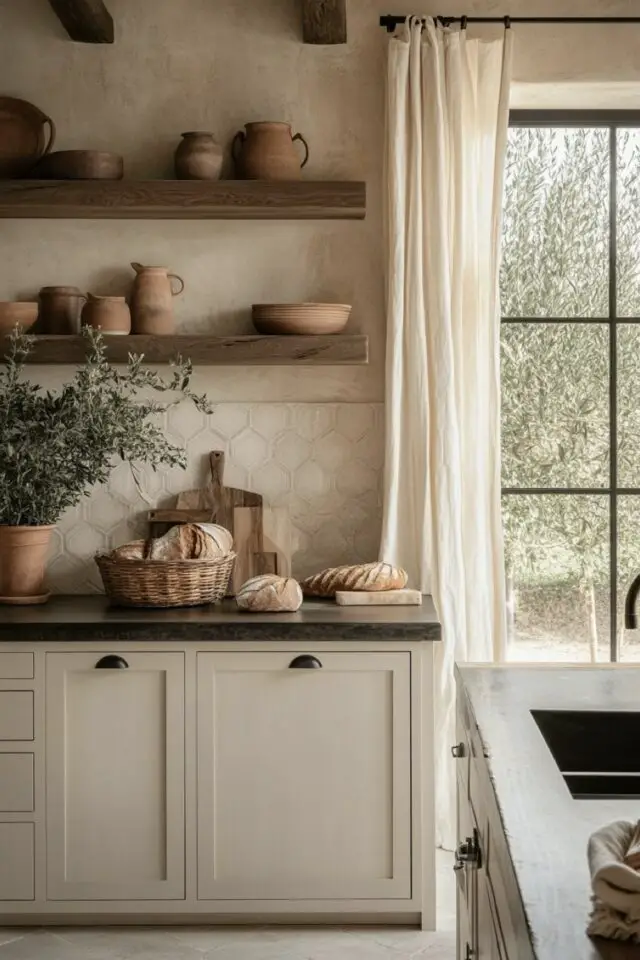 rénovation plan de travail cuisine effet granit noir contraste avec meuble beige ambiance rustique chic crédence carrelage discret 