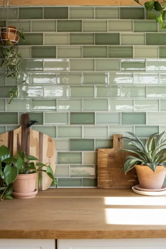 rénovation plan de travail cuisine bois entretien redonner de l'éclat réparation crédence carrelage métro vert translucide 