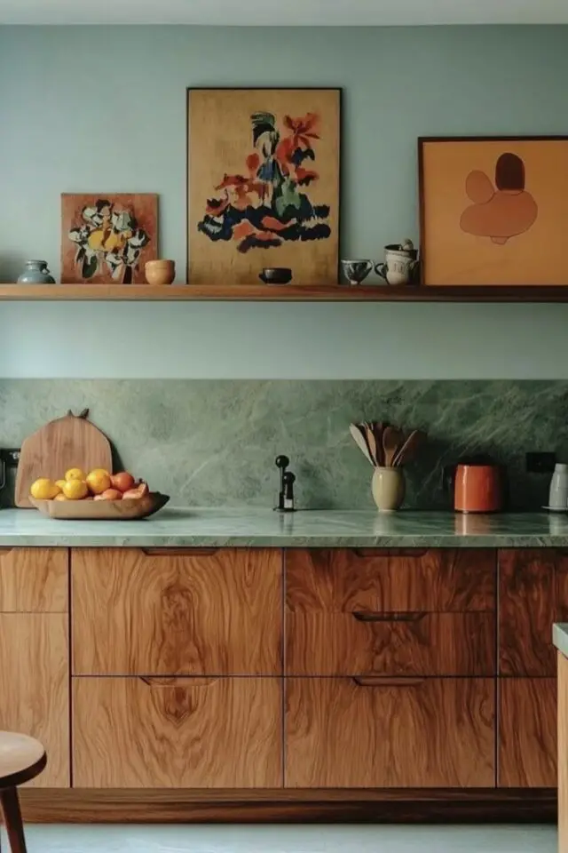 rénovation plan de travail cuisine techniques pierre naturelle meuble en bois étagère chic et élégant vintage 