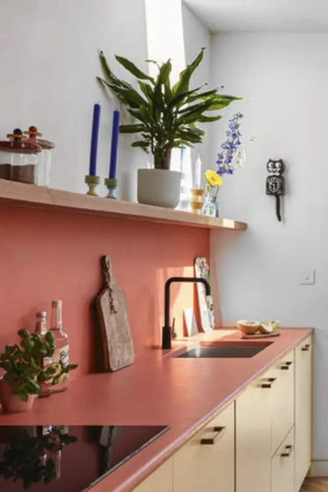 rénovation plan de travail cuisine techniques peinture résine couleur terracotta meuble en bois design moderne 