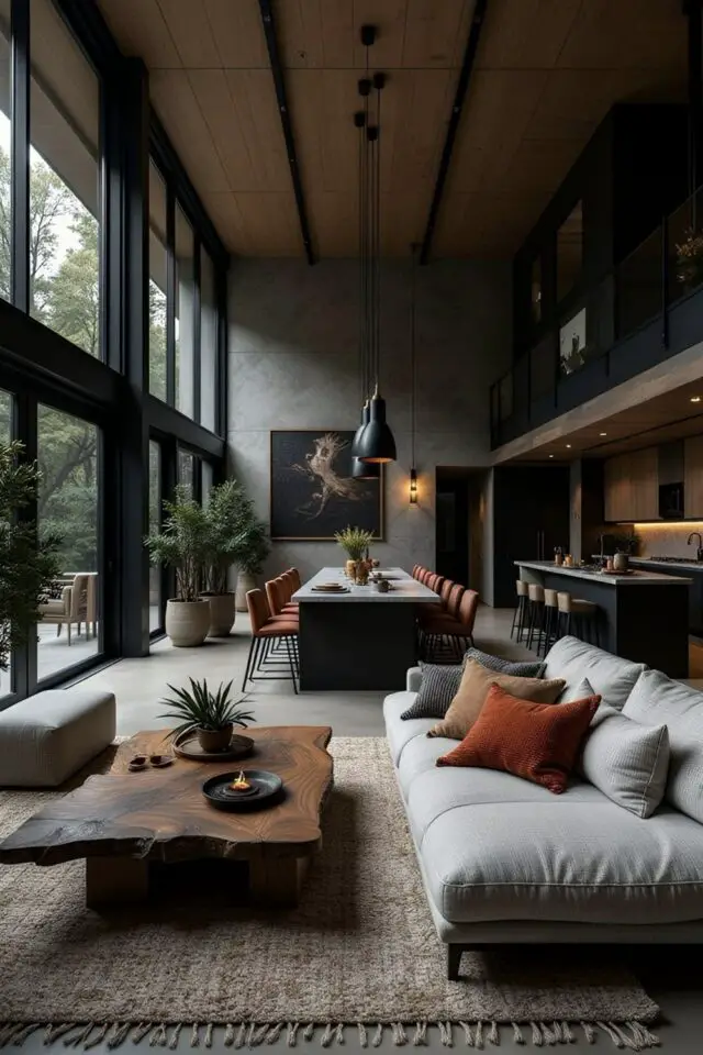 salon salle à manger moderne exemple grand espace à vivre chic et élégant sol béton ciré tapis naturel beige table 10 personnes baie vitrée jardin 