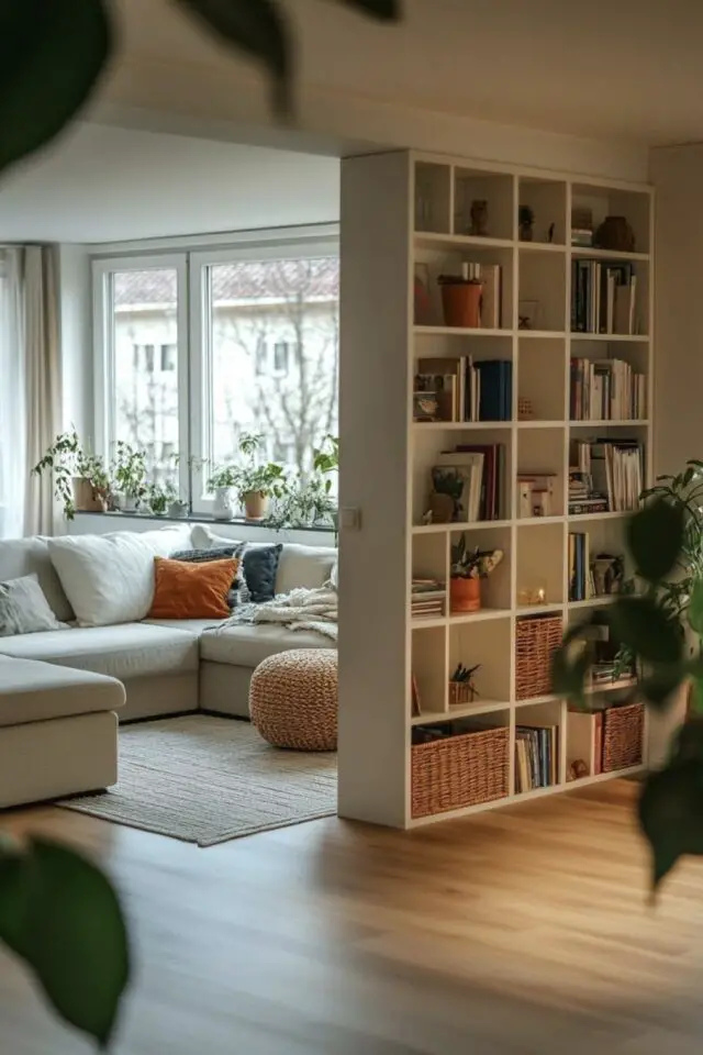 salon salle à manger moderne photo bibliothèque architecture intérieure aménagement structurer espace rangement 