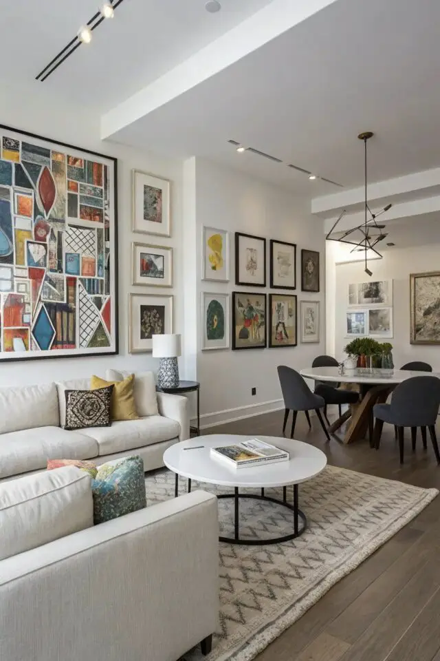 salon salle à manger moderne exemple mur accent galerie murale canapé beige table repas ronde ambiance chic et élégante 