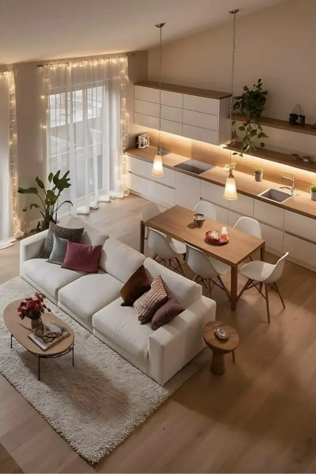 salon salle à manger moderne exemple petit espace ouvert canapé droit beige table rectangulaire bois parquet cosy 