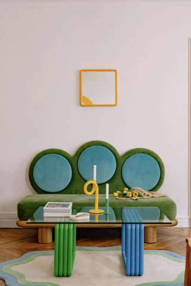 Table basse verre bleu vert design moderne pieds de table coloré 