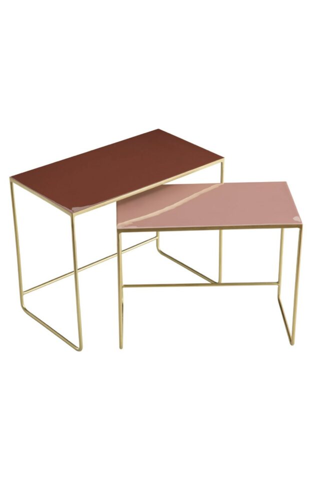 Tables basses gigognes rectangulaires design terracotta, rose et métal doré (lot de 2)