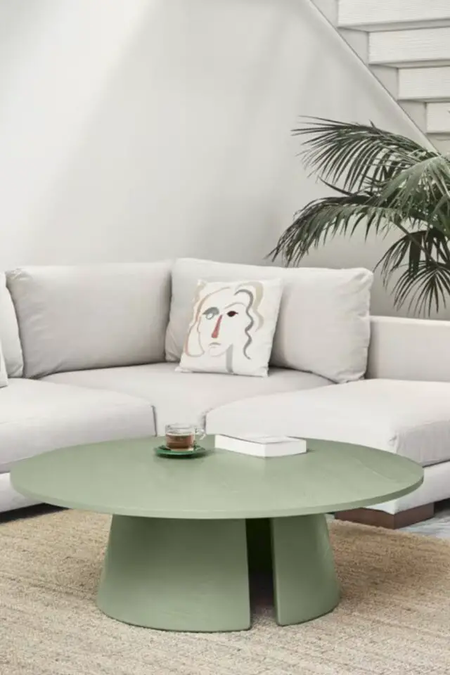 Table basse ronde 110cm en bois et pied central rond vert foncé