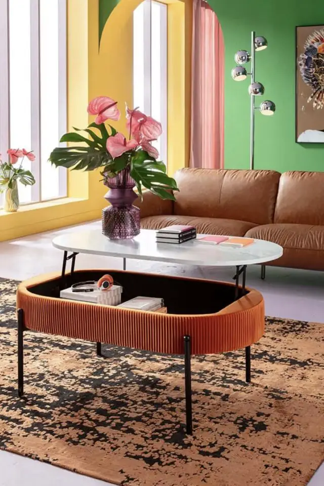 Table basse coffre en velours orange et effet marbre blanc