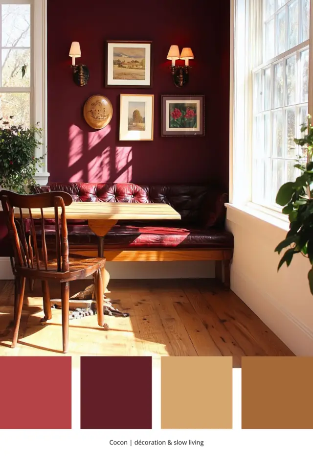 association de couleurs avec du bordeaux coin repas banquette en cuir coloré ton sur ton mur table en bois association de couleurs avec du bordeaux coin repas banquette en cuir coloré ton sur ton mur table en bois